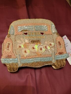 Just Married Novelty Car Clutch with Floral Sequin Accents Shoulder Strap Chain